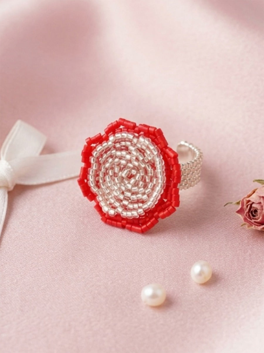 Cherry Bloom - Red & Silver Beaded Flower Statement Ring