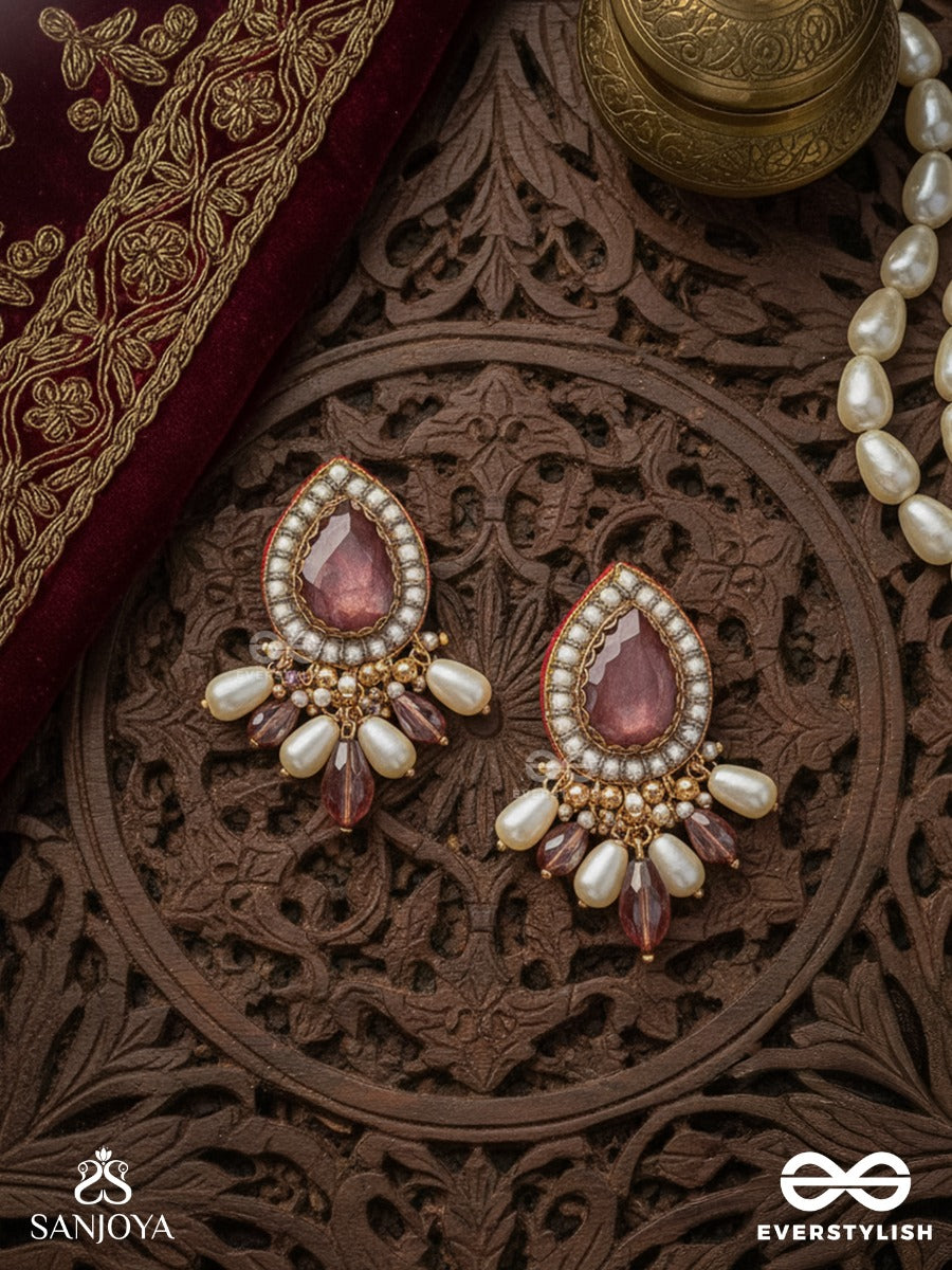 Atyala - The Rosy Raindrop - Stone, Beads And Glass Drop Hand Embroidered Earrings