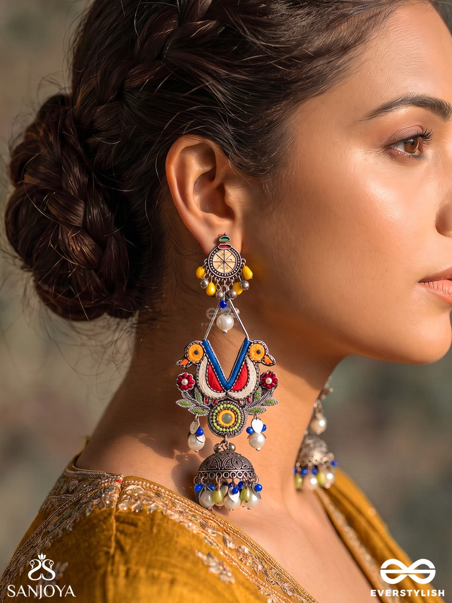 Dhoomri – Festive Spirit – Navratri-Inspired Earrings With Colourful Folk Threadwork, Oxidised Jhumkas, Pearl Drops And Vibrant Bead Accents