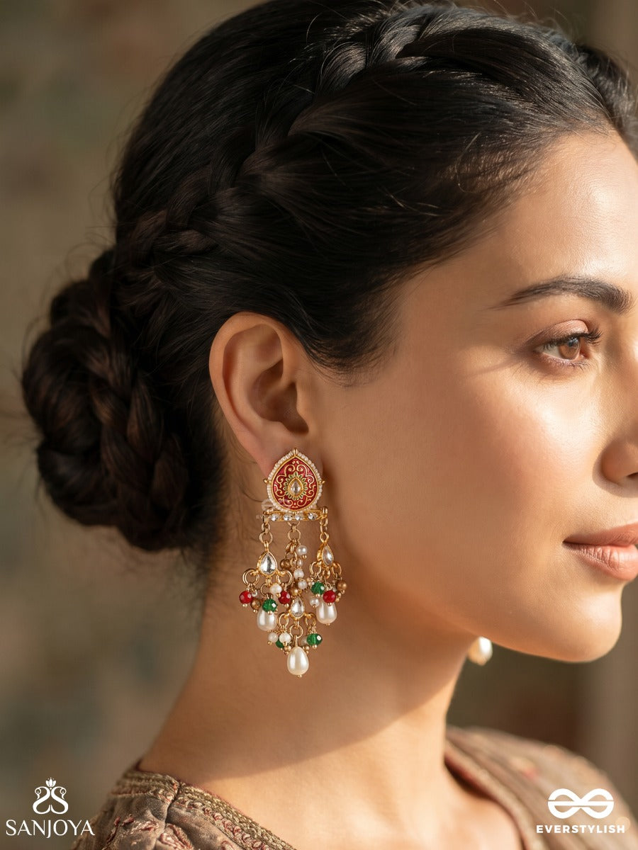 Zarmeena – Golden Bloom – Ornate Earrings With Enamelled Floral Tops, Multi-Colour Gem Clusters, Pearl Drops And Dangling Accents