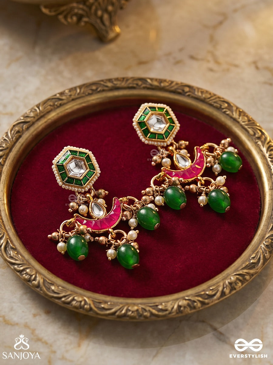 Shashiratna- Jewel Of The Moon- Kundan Earrings Inspired By The Moon's Radiance With Pearls And Green Drops