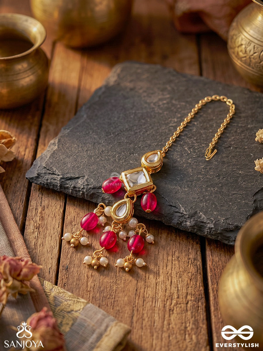 Kritanjali – Offering Of Grace – Heritage Maangtika With Kundan Centre, Ruby Drops, Pearl Clusters And Golden Filigree