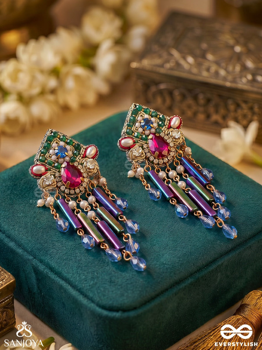Aarnika – Radiant Bloom – Statement Earrings With Meenakari Motifs, Kundan Details And Blue Crystal Tassels