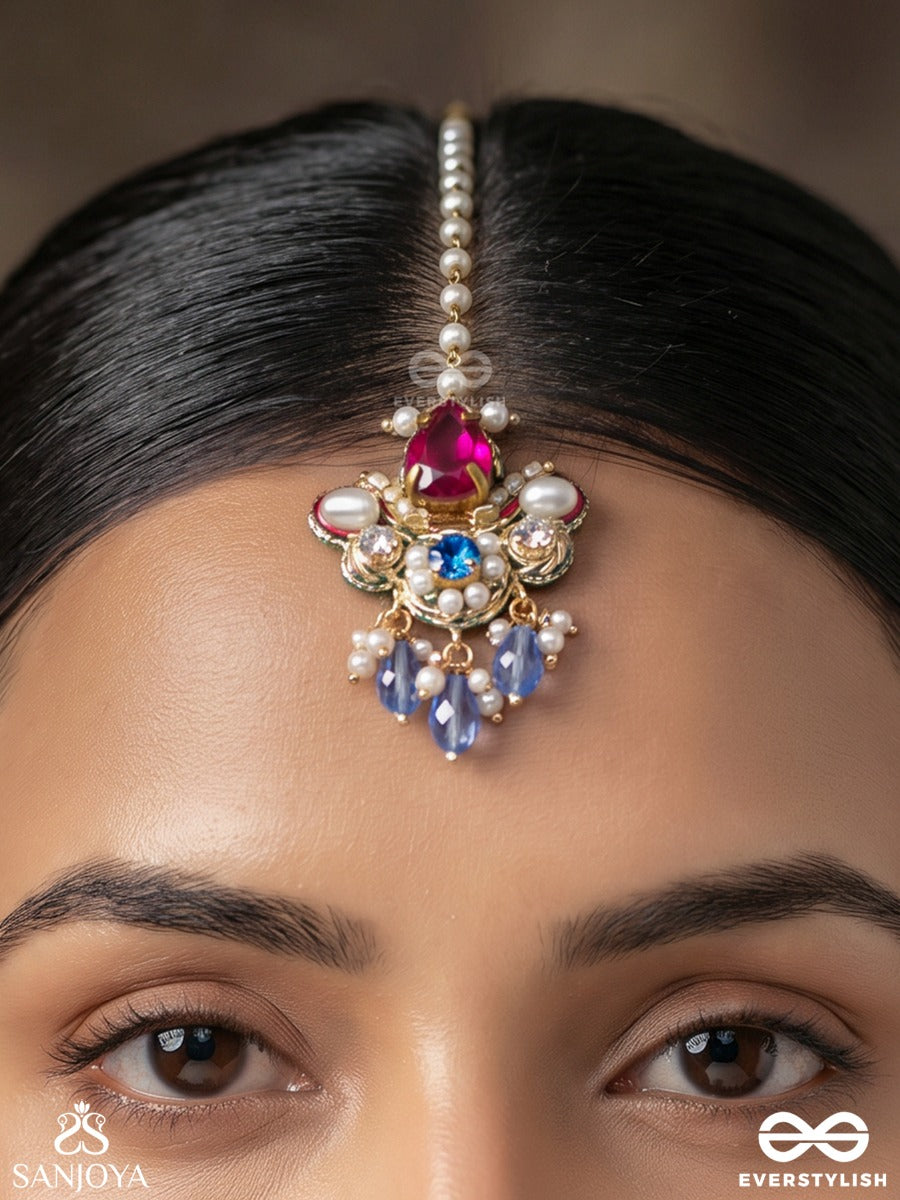 Pratyusha – First Light Of Dawn – Ornate Maangtika With Floral Kundan Motif, Multi-Colour Gem Drops And Crystal Accents