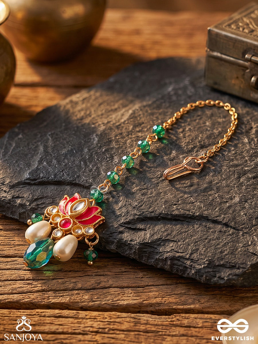 Karnika – Lotus Heart – Heritage Maangtika With Lotus Motif, Turquoise Bead Chain, Emerald Drops And Pearl Accents