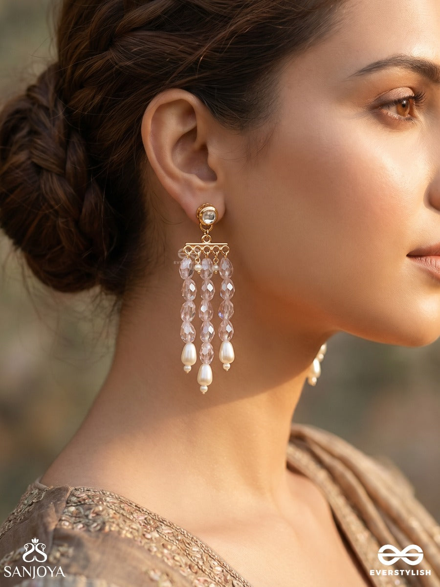 Pushkari – Sacred Lotus – Elegant Dangler Earrings With Three Cascading Pearl Strands, Faceted Crystal Beads And Golden Accents