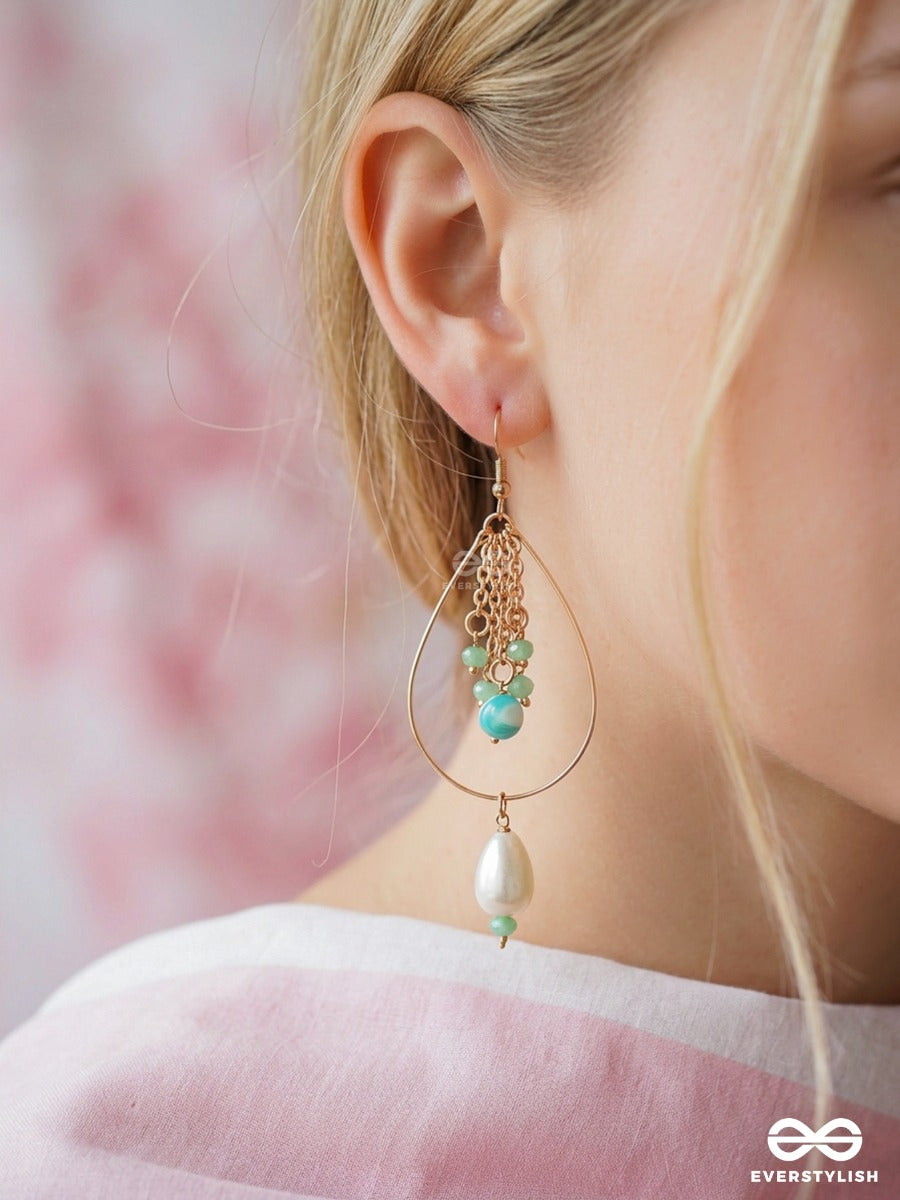 Mint Droplet – Gold Teardrop Earrings With Baroque Pearl, Chain Tassels And Turquoise Beads