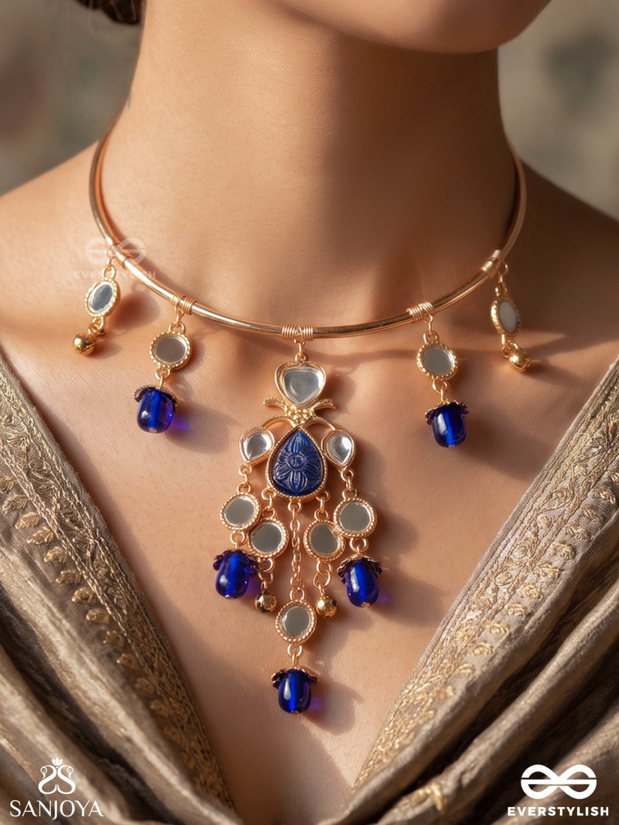 Parnika – Leaf Of Grace – Heritage Hasli Necklace With Blue Crystal Drops, Mirror Accents And Delicate Chain Cascades