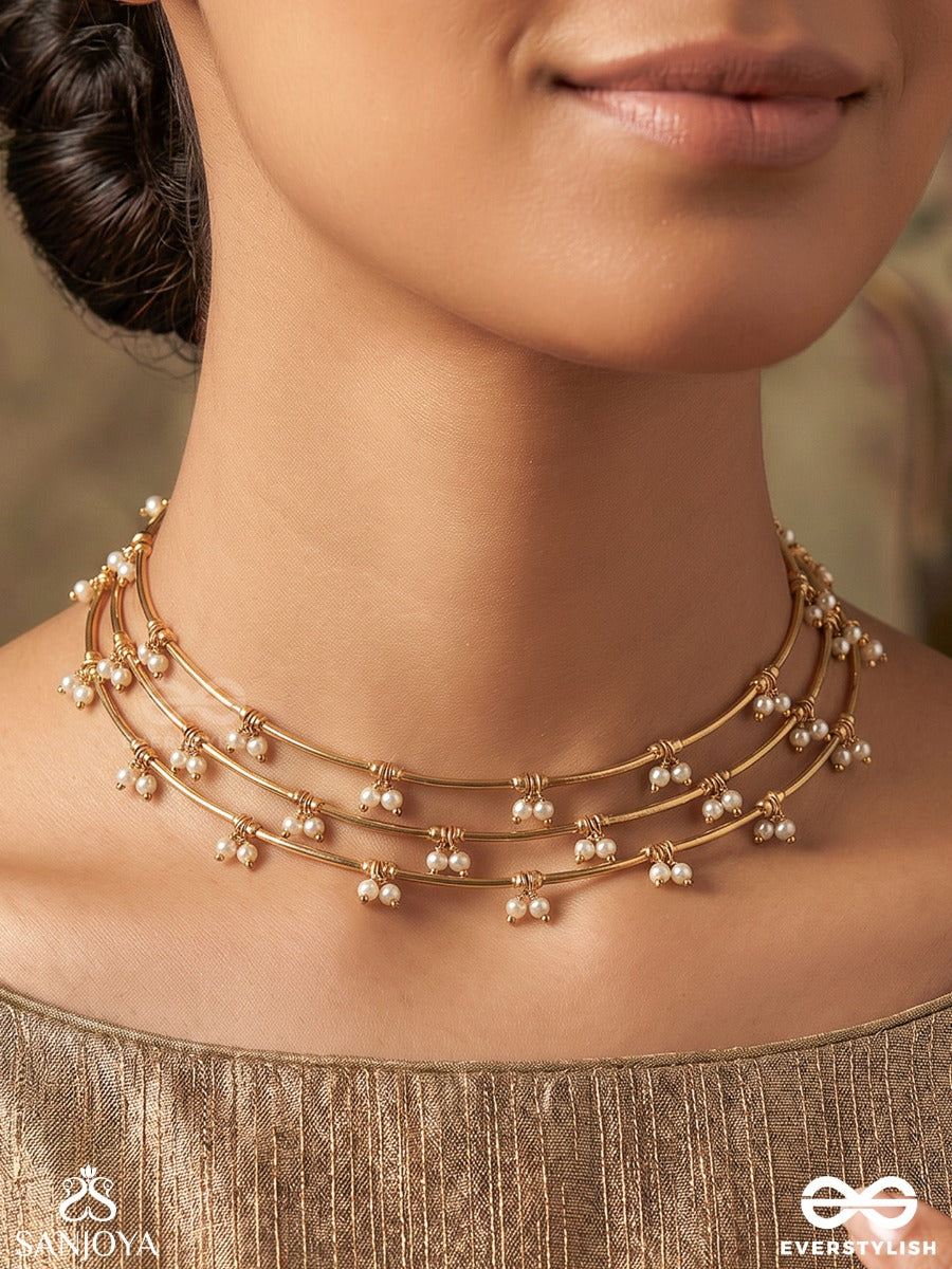 Navyalekha – New Expression – Delicate Layered Choker With Floral Pearl Clusters And Fine Golden Chains