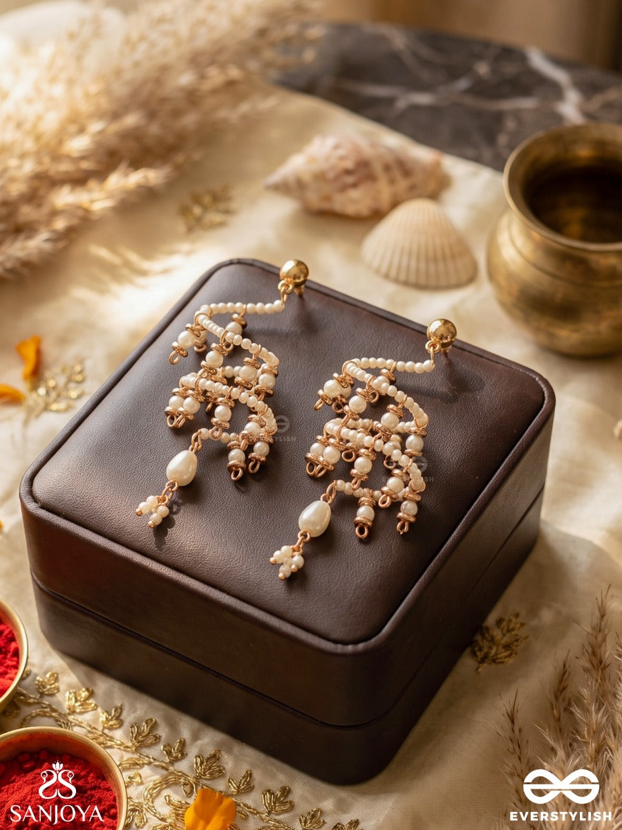 Sarangika – Melodious Beauty – Sculptural Earrings With Spiral Pearl Coils, Golden Accents And Lustrous Pearl Pendants