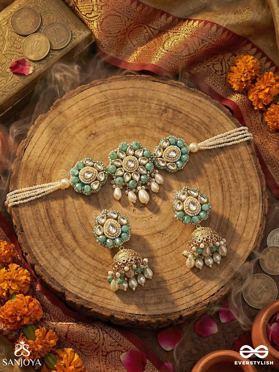 Maugdhya - The Treasured Innocence - Beads, Pearl Drops, Polki & Kundan Hancrafted Set With Choker Neckpiece And Earrings