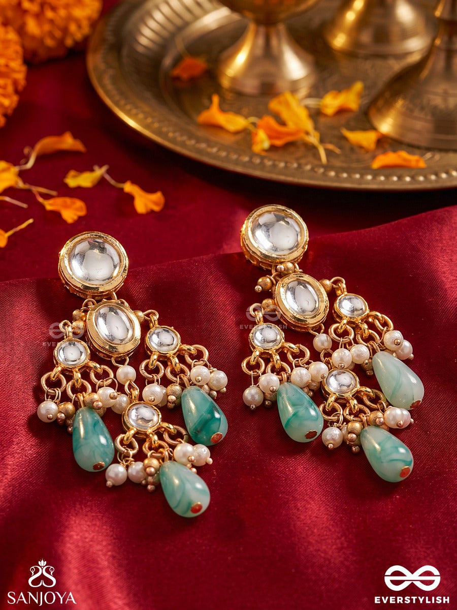 Ratnavali – String Of Gems – Heritage Earrings With Oval Kundan Settings, Pearl Clusters, Aqua Teardrop Danglers And Delicate Golden Filigree