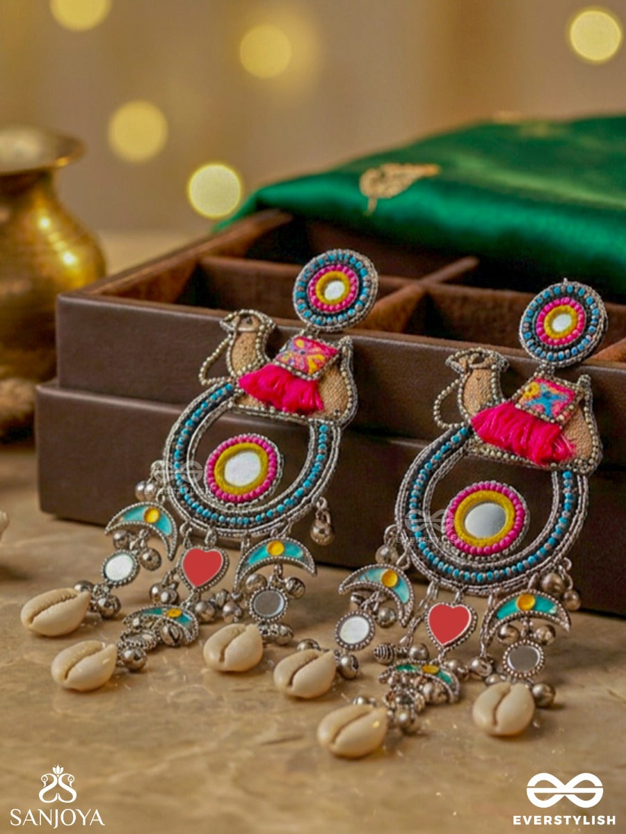 Zohravali – Radiant Garland – Heritage Oxidised Earrings With Multicolour Enamel Discs, Cowrie Shells, Textile Tassels And Tribal Charms