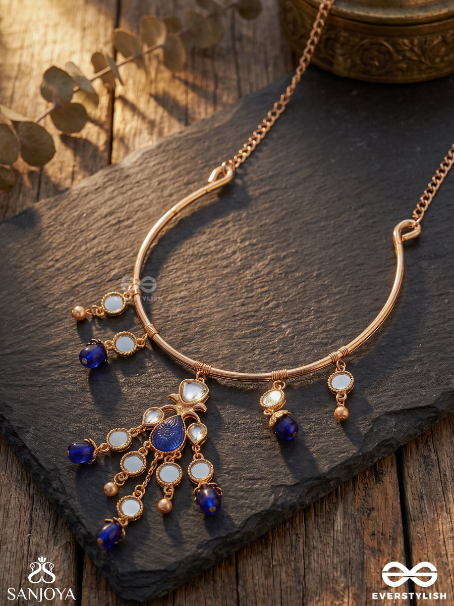 Parnika – Leaf Of Grace – Heritage Hasli Necklace With Blue Crystal Drops, Mirror Accents And Delicate Chain Cascades