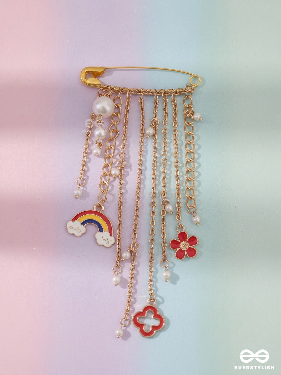 Cloud Charm – Gold-Tone Brooch Pin With Cloud, Heart And Star Charms