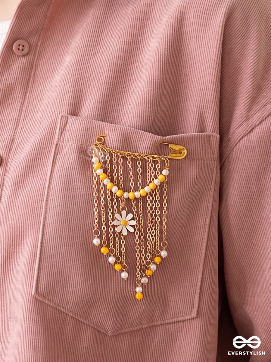 Sunpetal – Gold-Tone Brooch Pin With Daisy Motif, Mustard Beads And Pearl Drops