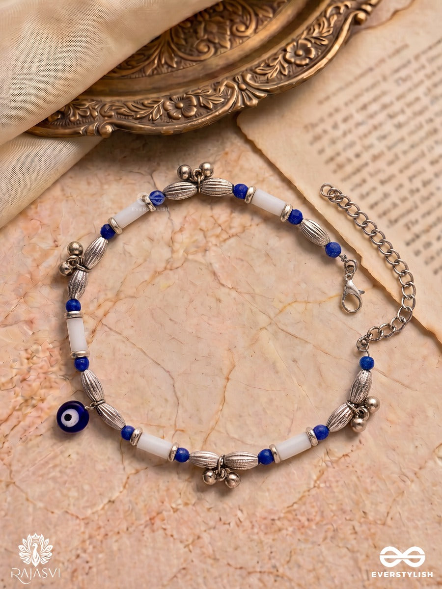 Nayanjyoti – Oxidised Anklet (Single) With Evil-Eye Charm, Blue And White Beads