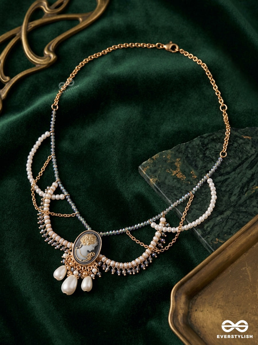 Zaria – Delicate Necklace With Draped Pearl Strands, Centre Charm And Mixed-Tone Details