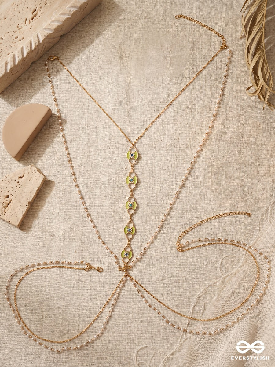 Celadon – Delicate Gold-Tone Body Chain With Crystal And Green Accents