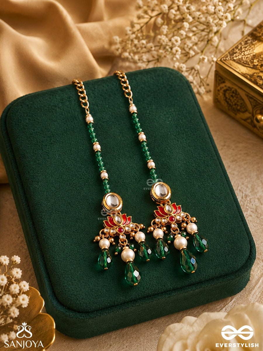 Naqsha – Artful Design – Heritage Sahara Kaanchain Earrings With Floral Kundan Motifs, Emerald Drops And Beaded Chains