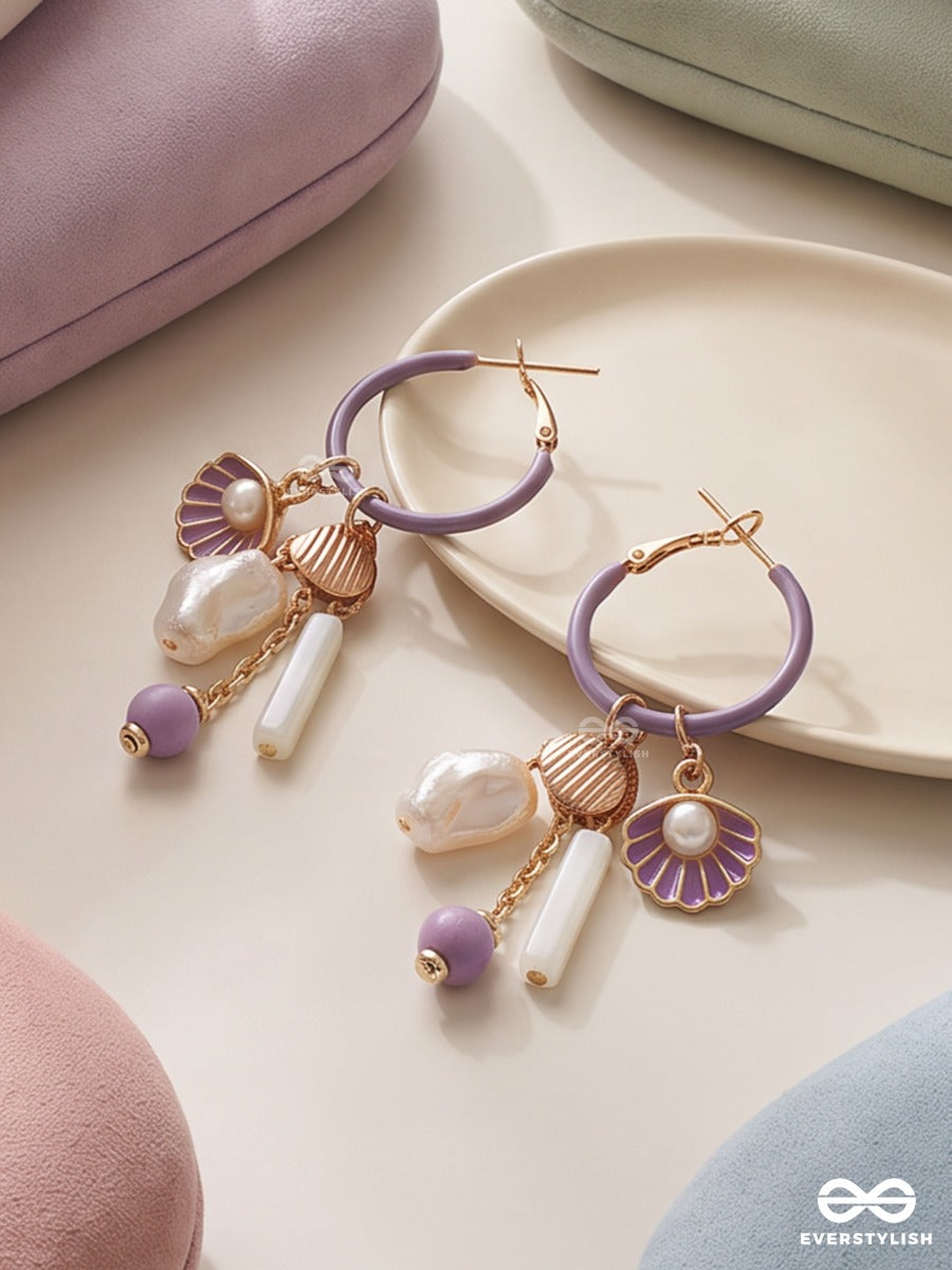 Mauve Marina – Purple Hoop Earrings With Shell And Pearl Charms