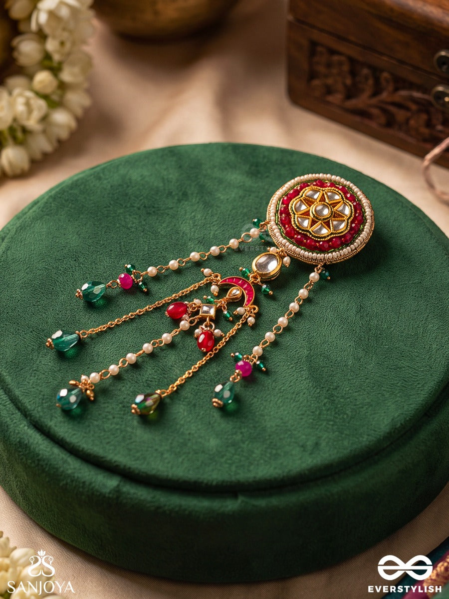 Chitramala – Garland Of Art – Heritage Hair Accessory With Kundan Medallion, Meenakari Detailing, Pearl Chains And Emerald Drops