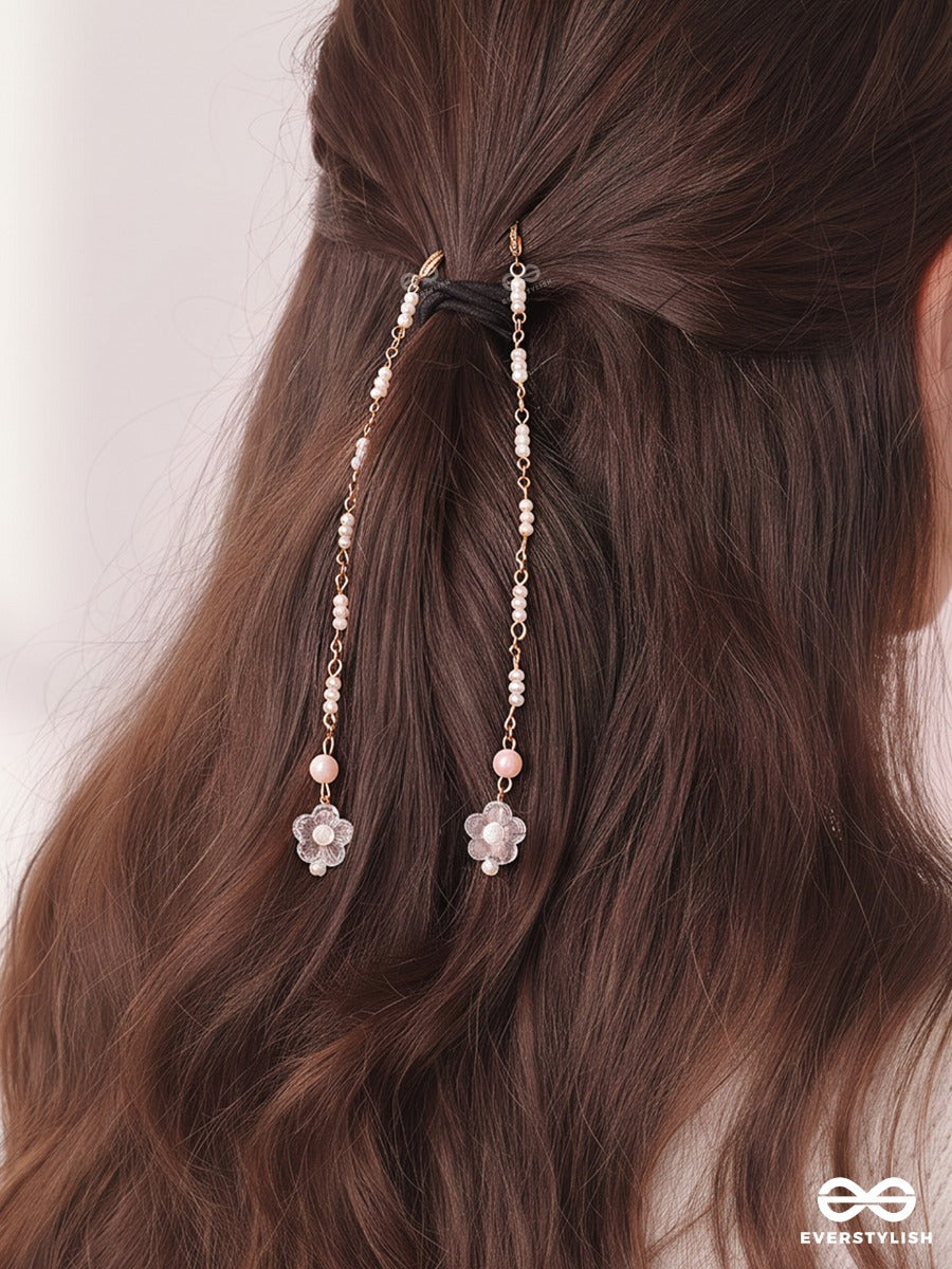 Blush Bells – Set Of 2 Gold-Tone Hair Accessories With Pink Beads And Flower Clusters