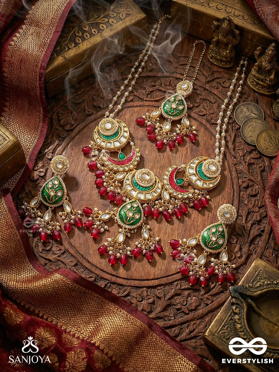 Sindurya - Scarlet Rays - Grand Crescent Kundan Set With Neckpiece, Earrings And Maangtika