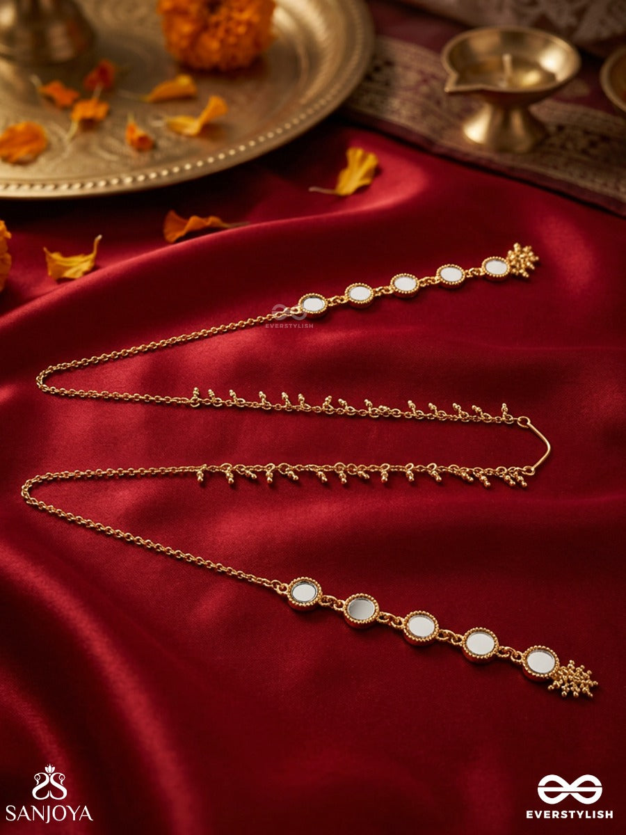 Rooprekha – Trace Of Beauty – Ornate Face Let With Gold-Tone Chain Drapes, Mirror-Like Side Motifs And Delicate Dangling Bead Details