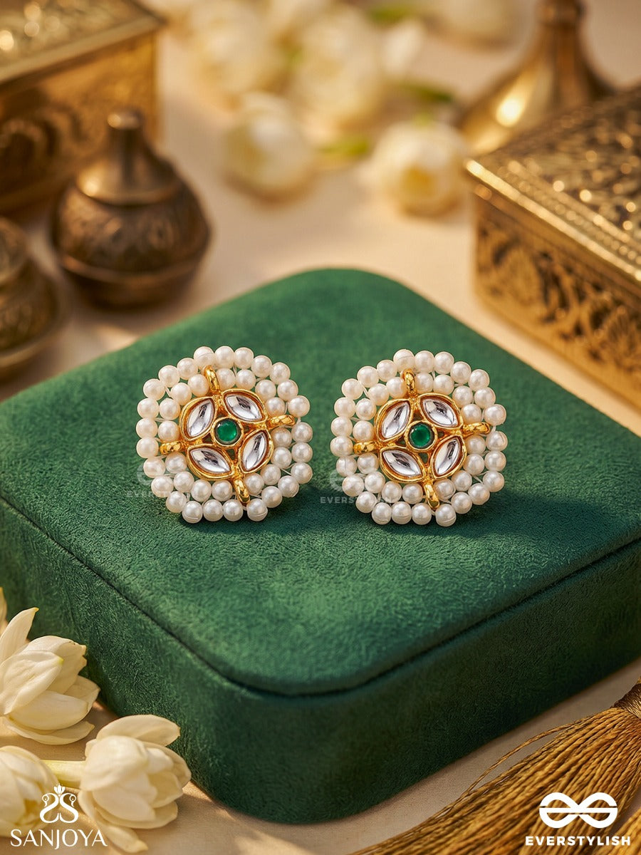Prabhanvi – Radiant Light – Floral Stud Earrings With Pearl Petals, Turquoise Centre And Golden Detailing