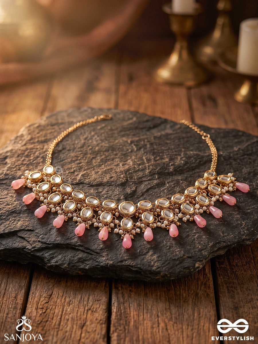 Pinkajyoti – Lotus Radiance – Heritage Necklace With Mirror Kundan Motifs, Pearl Clusters And Blush Pink Teardrop Accents