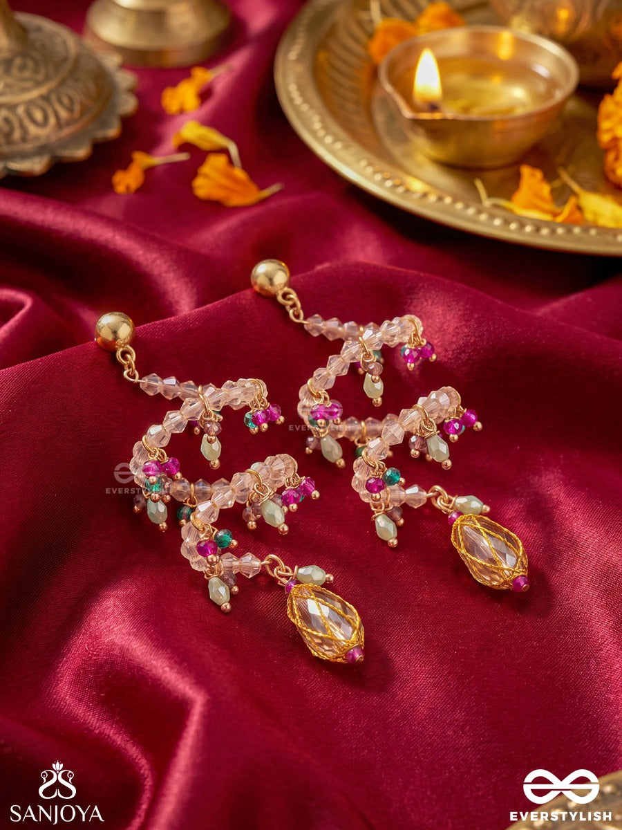 Kshanika – Moment Of Beauty – Sculptural Earrings With Spiral Pearl Strands, Magenta Crystal Clusters And Faceted Teardrop Pendants