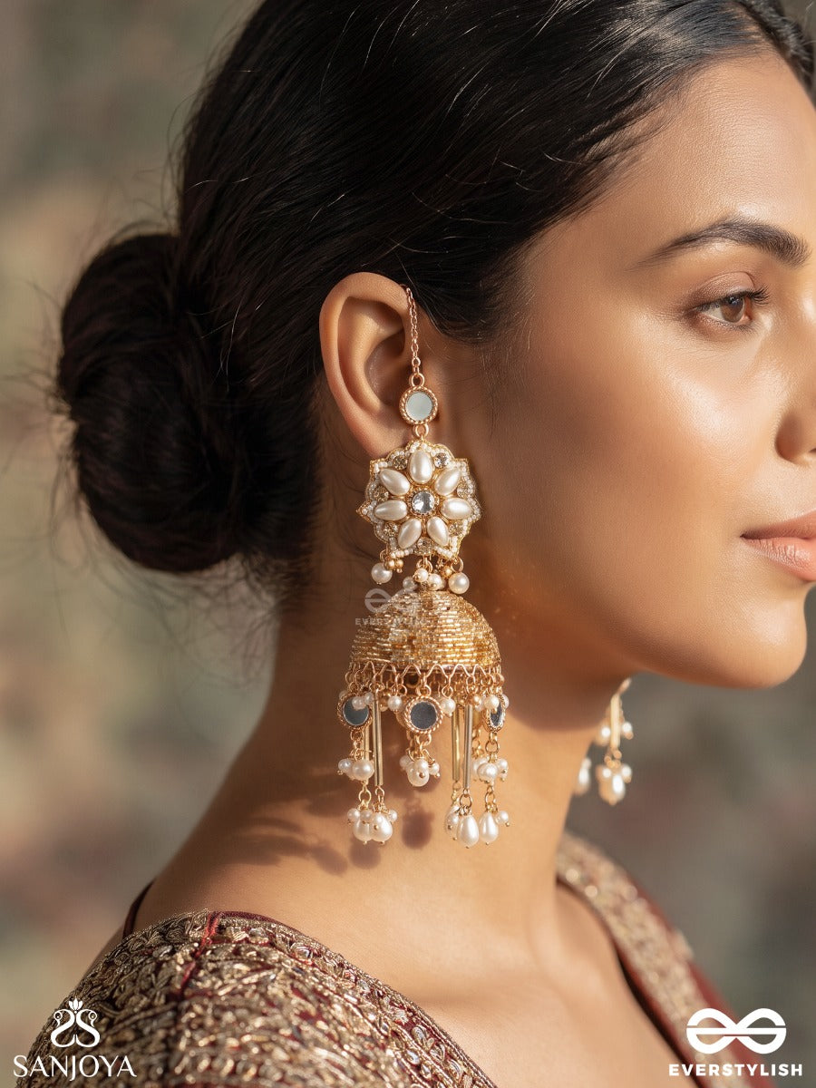 Noormala – Garland Of Light – Ornate Kaanchain Earrings With Handcrafted Pearl Clusters, Filigree Jhumkas And Delicate Ear Chains