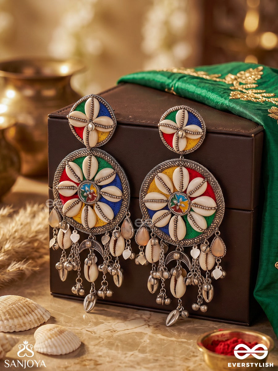 Pingakshi – Golden-Eyed – Tribal Statement Earrings With Cowrie Shell Florals, Multicolour Enamel And Oxidised Danglers