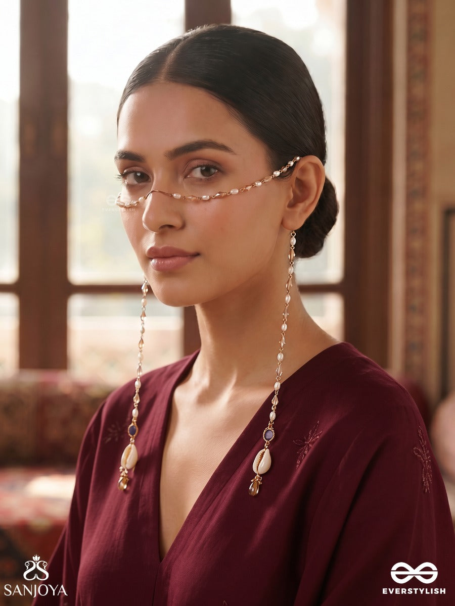 Sutranika – Delicate Thread – Elegant Face Let With Slender Gold-Tone Chains, Petite Bead Details And Soft Dangling End Accents