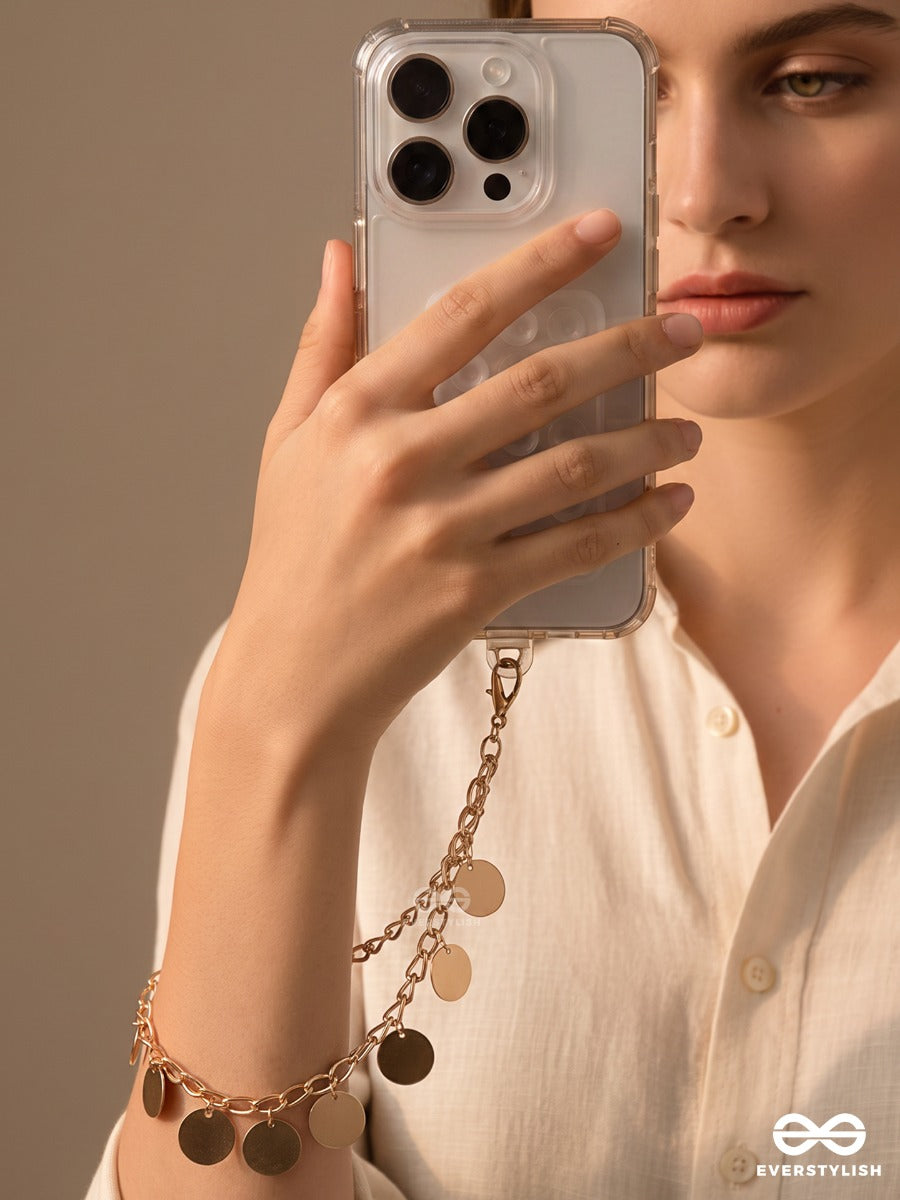 Golden Disco – Gold-Tone Chain Phone Sling With Round Charms