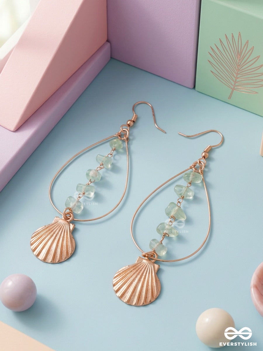 Ocean Crest – Shell Charm Earrings With Gold Teardrop Earrings And Faceted Aqua Stones