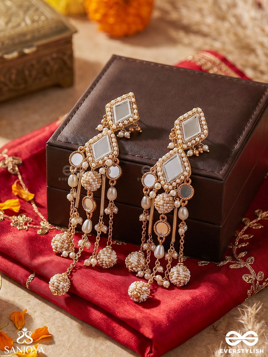 Chitramayi – Full Of Artistry – Chandelier Earrings With Geometric Kundan Motifs, Mirror Embellishments, Pearl Tassels And Golden Links