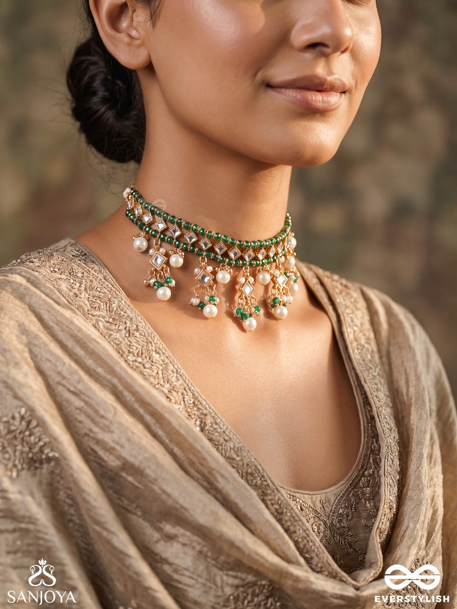 Tarini – Saviour – Heritage Choker With Green Beadwork, Pearl Clusters And Ornate Floral Fringes