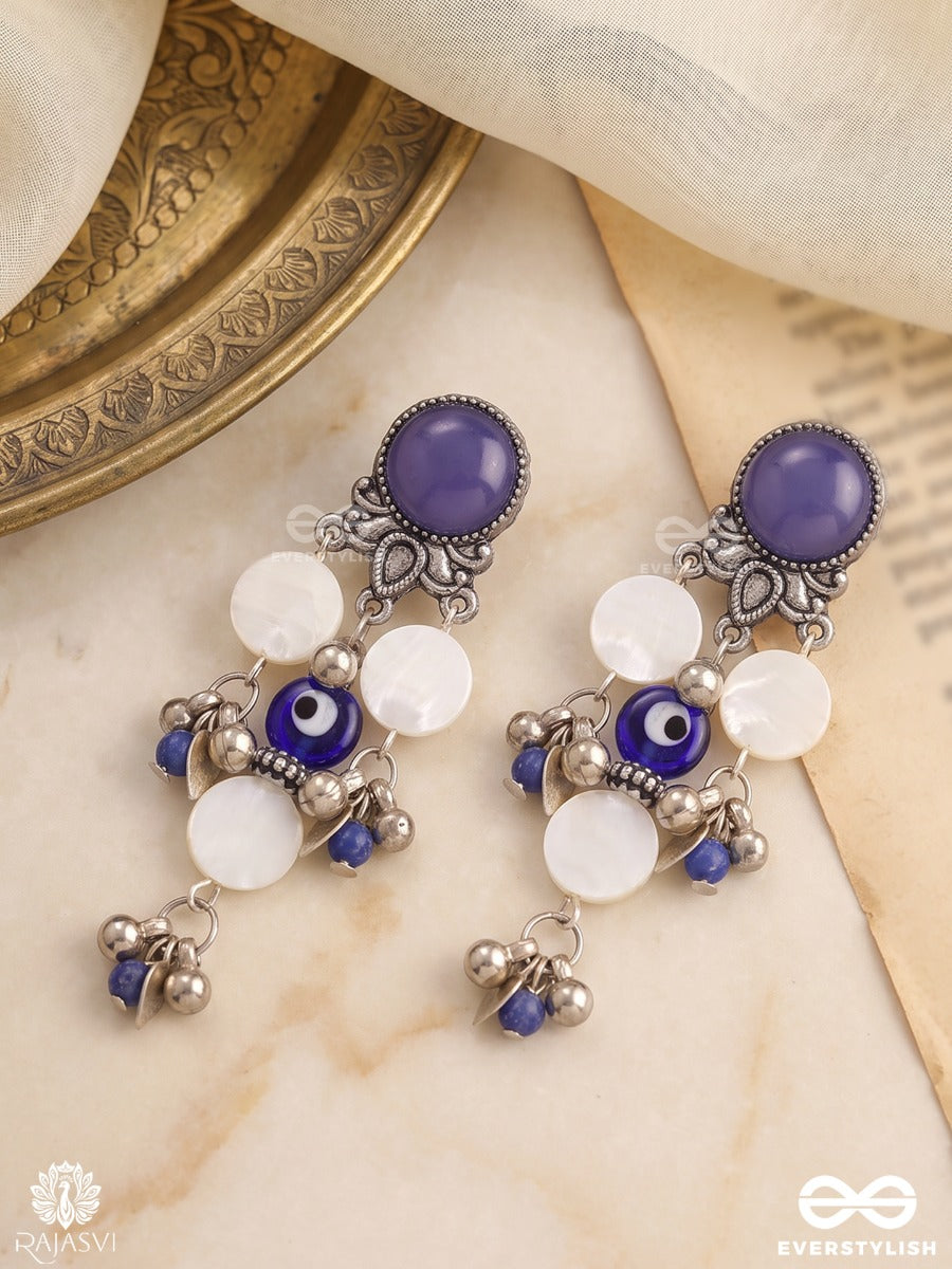 Neelakshi – Oxidised Earrings With Evil-Eye Centres, Blue Stones And White Beads