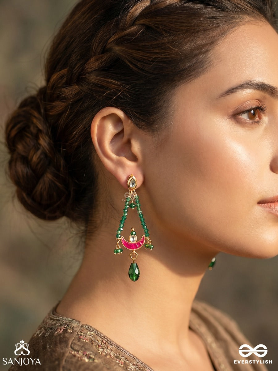 Vainateya – Celestial Majesty – Elegant Earrings With Emerald Bead Drapes, Enamel Crescent Motifs, Kundan Accents And Dangling Green Drop Charms