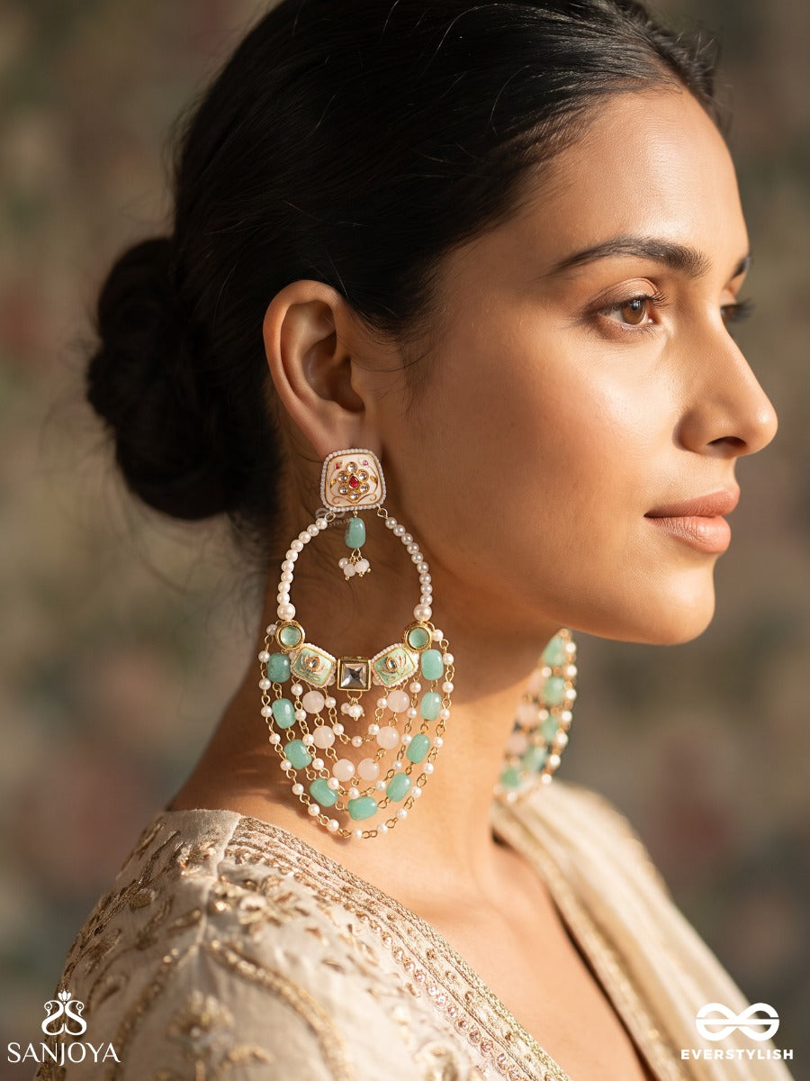 Neelsarita – Blue River – Heritage Earrings With Layered Gem Strands, Meenakari Details, Kundan Motifs And Pearl Accents