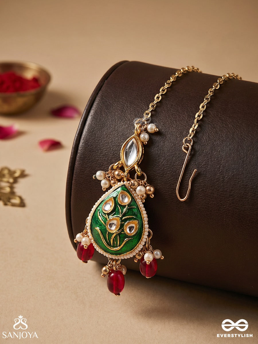 Sindurya - Scarlet Rays- Grand Crescent Enamel Kundan Maangtika With Pearls And Beads