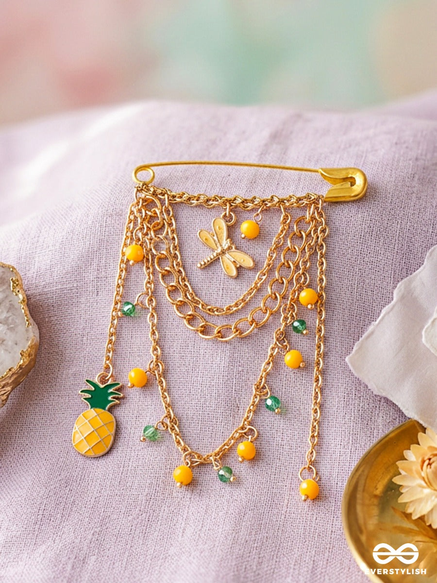 Tropic Twinkle – Gold-Tone Brooch Pin With Pineapple, Dragonfly And Bead Cascade