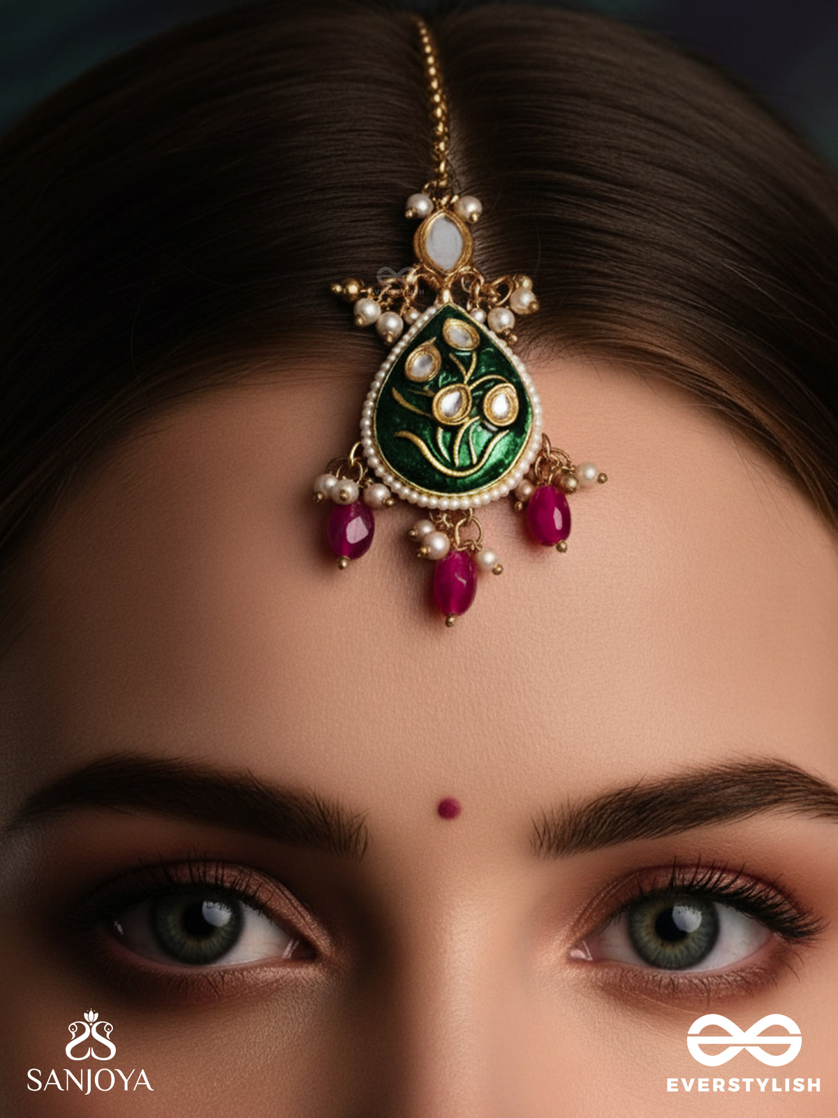 Sindurya - Scarlet Rays- Grand Crescent Enamel Kundan Maangtika With Pearls And Beads