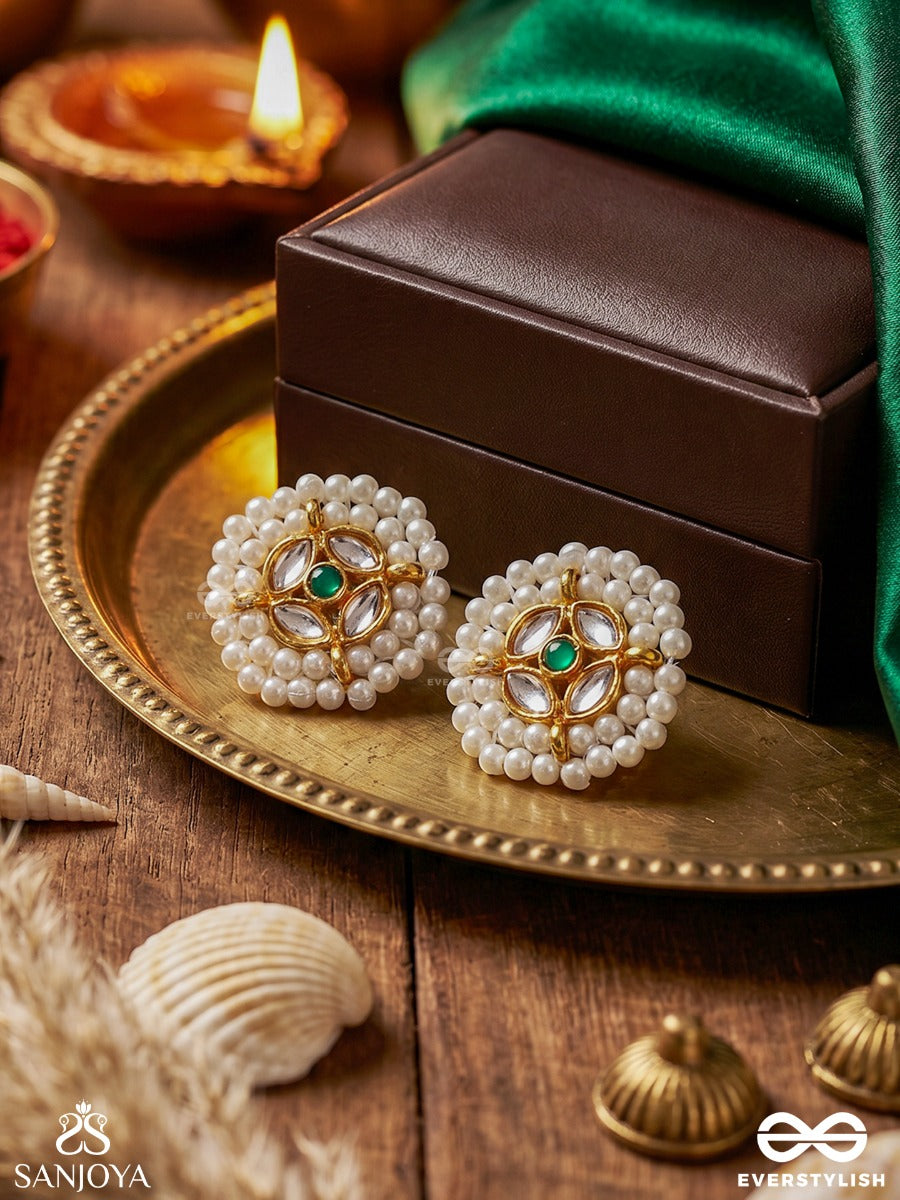 Prabhanvi – Radiant Light – Floral Stud Earrings With Pearl Petals, Turquoise Centre And Golden Detailing
