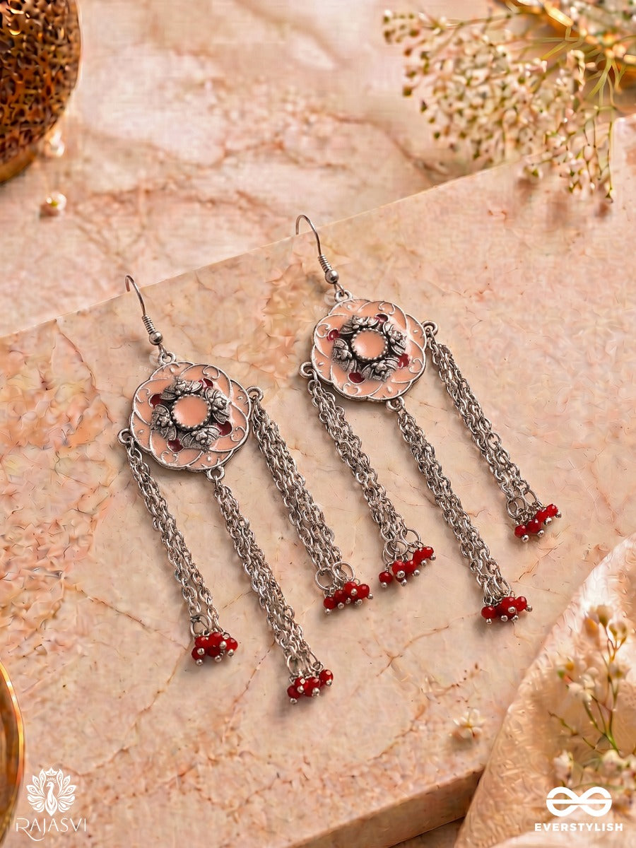 Arunima – Peach Enamel Floral Oxidised Earrings With Chain Tassels And Red Bead Accents