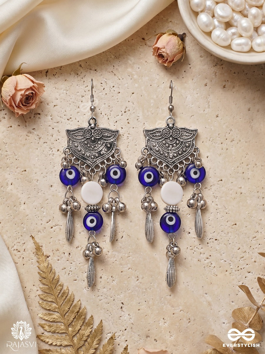 Drishtika – Oxidised Earrings With Blue Evil Eye Beads, Ghungroo Drops And White Accents