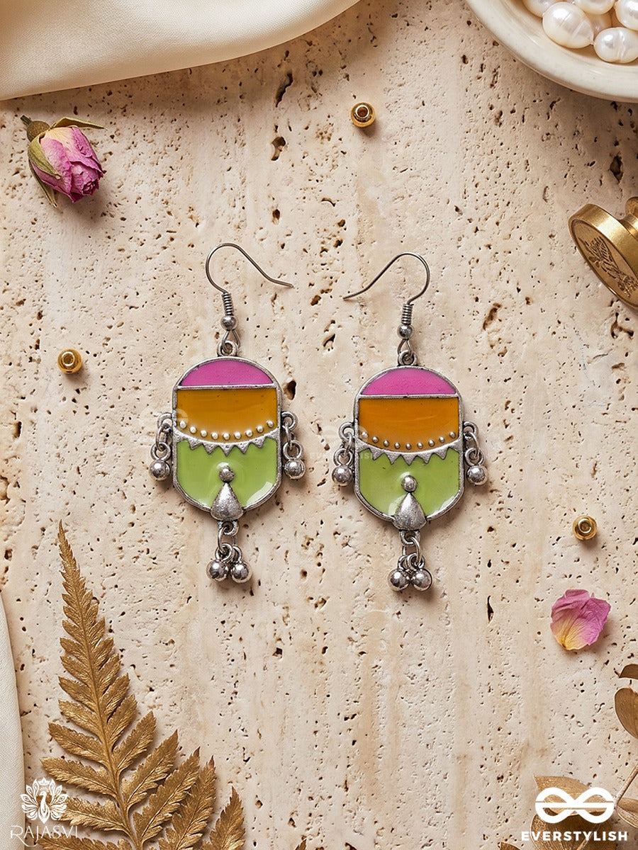 Veerangana – Oxidised Enamel Tribal Earrings With Multicolour Shield Motif And Ghungroo Details