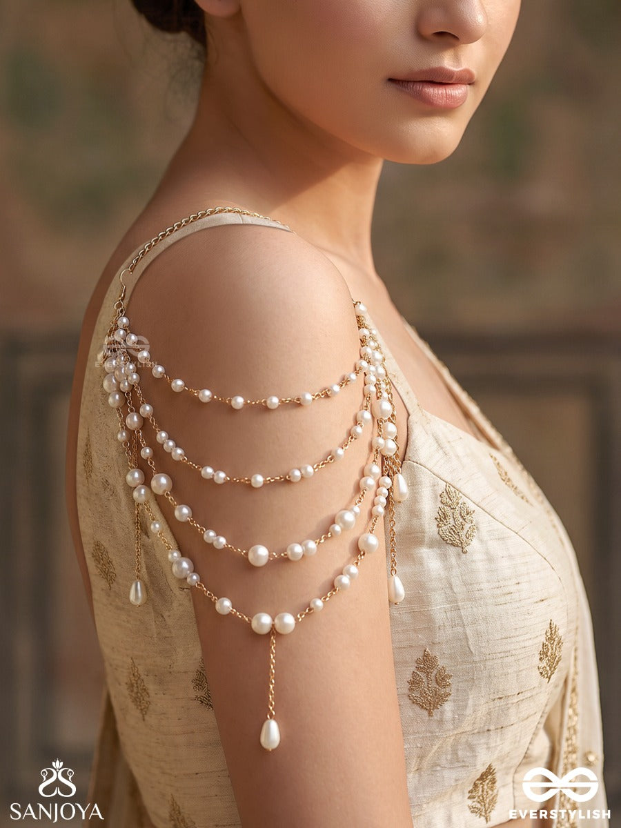 Farheen – Joyful Radiance – Multi-Purpose 3-In-1 Layered Chain With Lustrous Pearl Strands, Golden Links And Delicate Drop Accents